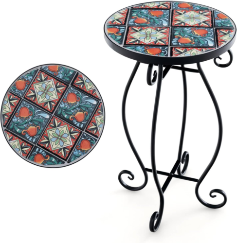 Mosaic Ceramic Tile Garden Side Table: Vintage Red+Lake Blue (30x50cm) - Picture 1 of 9