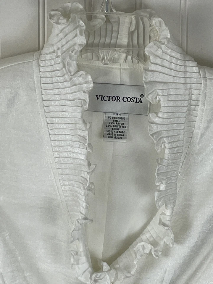 Chaqueta Blazer Vintage VICTOR COSTA Mujer Blanca Borde con Volantes Talla 4 Foto 2 de 4