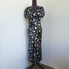 VTG Simply Tops Womens Black Pueple Floral Satin Midi Dress V-Neck Zip USA Sz 6