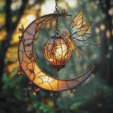 Enchanted Fairy Moon Stained Glass Suncatcher, Celestial Acrylic Window Hanging