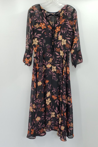 I. Madeline Passionate Love Midi Dress Size M Black Floral Fit Flare Sheer Lulus
