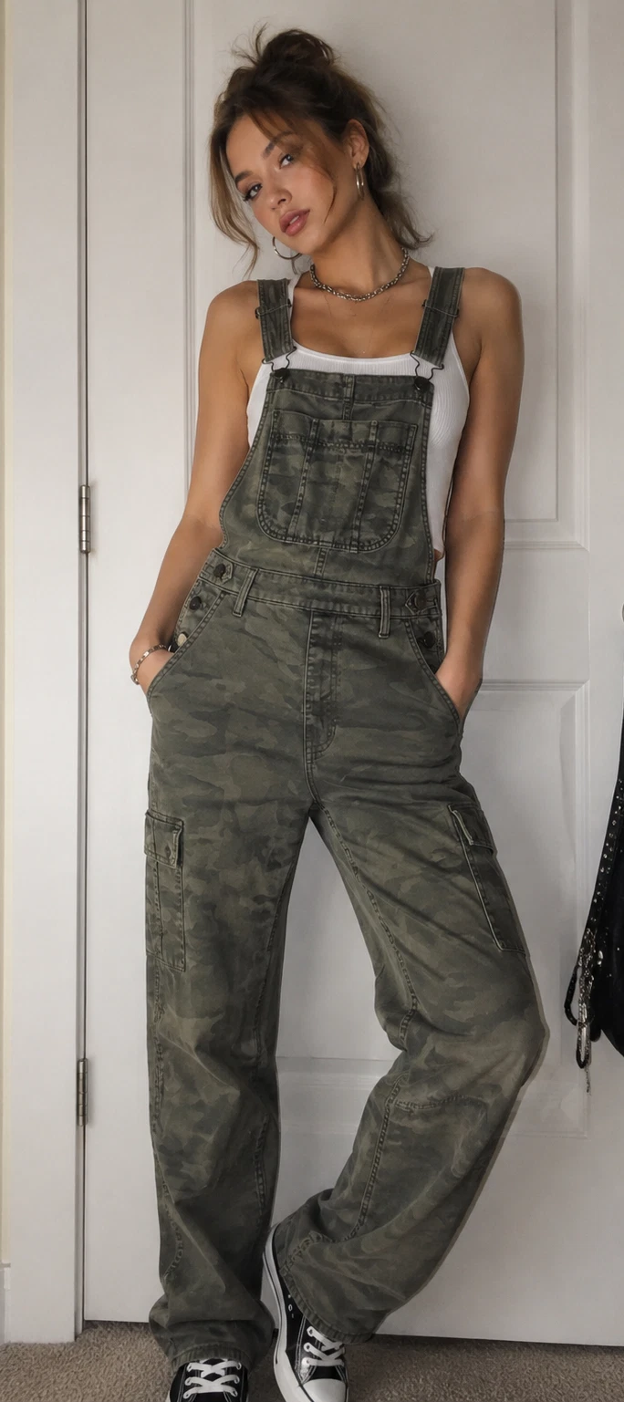 Abercrombie & Fitch Overalls Women XSmall Green Camo Cargo Utility Y2K Jumpsuit
