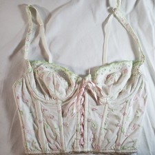 Victoria's Secret 36B White Pink Green Cotton Embroidered Bustier Top Floral