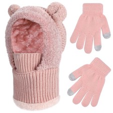 Kids Winter Balaclava Windproof Hats Gloves Set 3-in-1 Fleece 2-8 Years, Pink