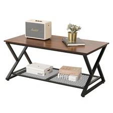 Coffee Table with Storage Shelf, Industrial Metal Wood Living Room Tables, Re...