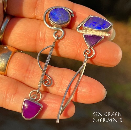 Australian Boulder Opal + Sugilite 925 + 14k Dangle Earrings. 2.5" *Video* - Picture 1 of 11