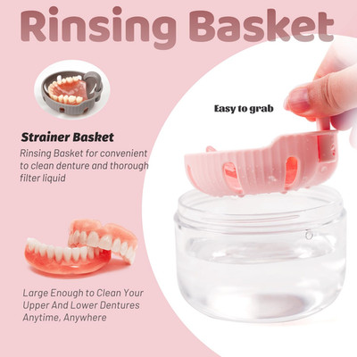 Denture Case, Leak Proof Denture Bath Cup for Travel, Pink Denture Container ...