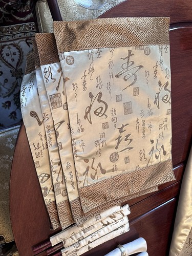 Oriental Design Silk 4 Placemats Gold with 4 sets of Chopsticks in Holder - Picture 2 of 2