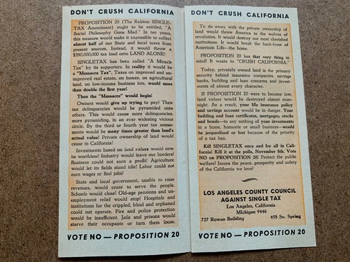 VINTAGE DON'T CRUSH CALIFORNIA VOTE NO ON PROP 20 SINGLE TAX VOTING FLYER  - Picture 2 of 6