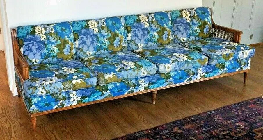 Mid Century Modern Floral 4 Seat Sofa Cane Sides 96L