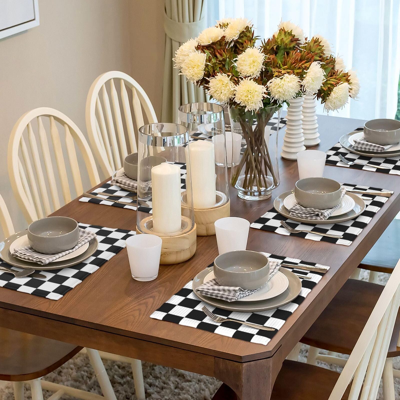 Checkered Table Matte Black White Checkered Print Placemats Set of 6 Checkerboard Table Mats ...