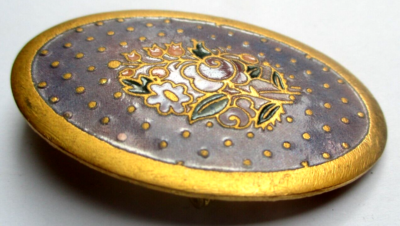 Broche Vintage Ovale En Émail Cloisonné - Fleurs Dorées - Parfait État - Réf 5339