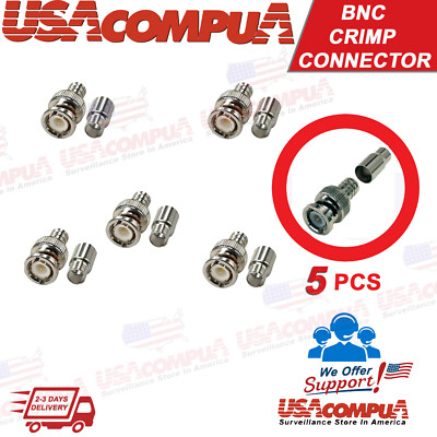 5 pcs Crimp BNC Connectors Male RG59 Coax Coaxial  Plug Ends For CCTV Camera US