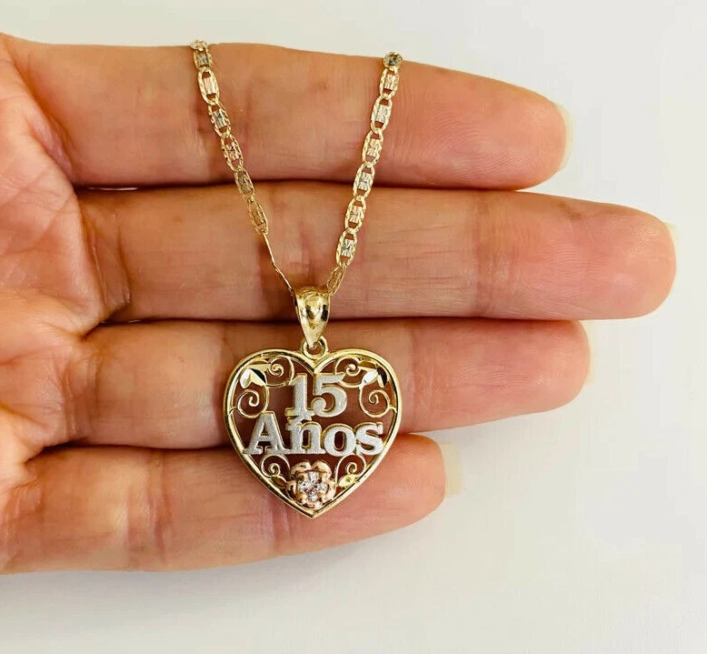 Colgante o collar de 15 años de oro macizo de 14K dulce 15 años quinceañera 3T- PT357 Foto 2 de 4