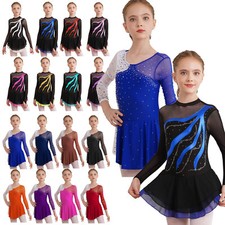 Girls Sequins Mesh Splice Ballet Gymnastic Leotards Figure Ice Skating Dress