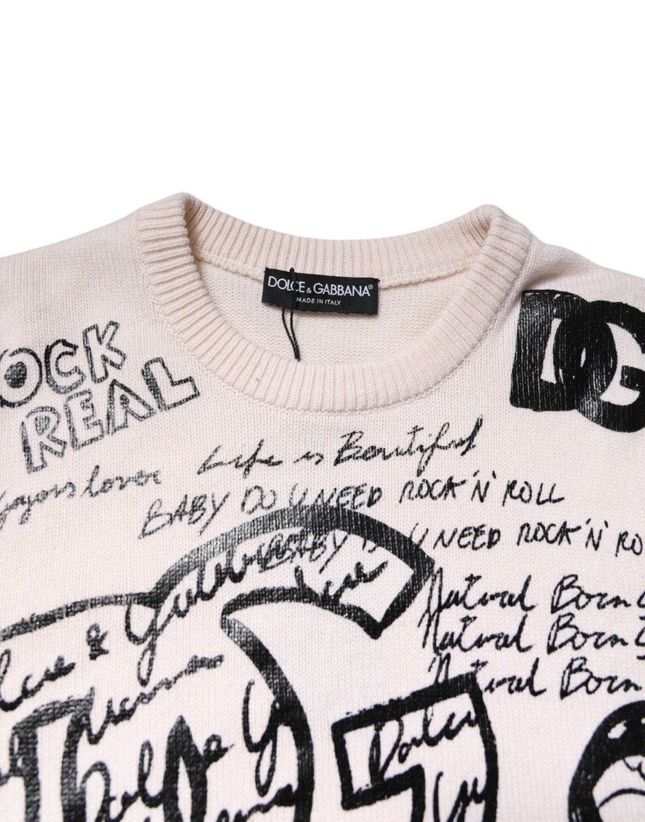 DOLCE & GABBANA Sweater White Black Logo Print Women Pullover IT40