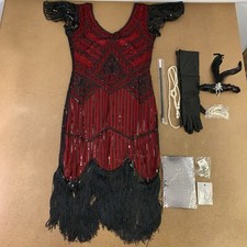 Women's Medium Red Black Sequin Fringe Flapper Dress  Accessory Set 9 Pieces