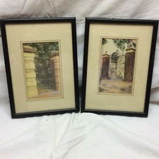 2 Vintage Framed Art Prints 6 1/2" X 9 Landscape Ornate Garden Gates 1940-50s
