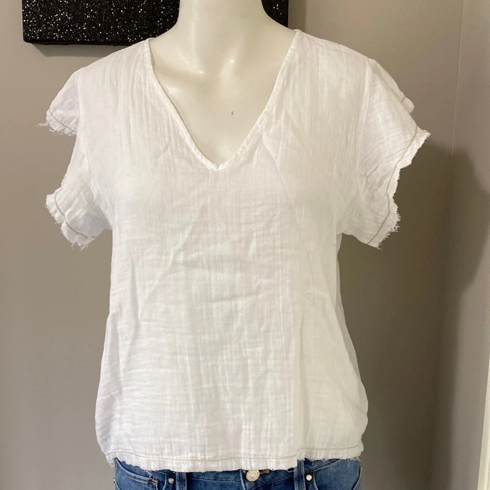 Blusa Camisa LILLA P Blanca Manga Volantes Cuello en V Top Algodón Pima Talla XS Foto 3 de 4