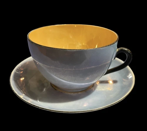 Vtg Czechoslovakia Lusterware Tea Cup Saucer Black Trim Peach Blue