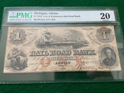 #ad 1853 Erie amp; Kalamazoo Railroad Bank Adrian Michigan $1 One Dollar PMG Graded $389.95