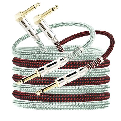 Guitar Cable 10ft 2Pc L-Shaped & Straight 1/4'' Gold Plated for Bass & Keyboard