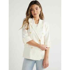 Sofia Jeans Linen Blend Blazer Jacket Double Breasted White Roll Sleeve Sz L NWT