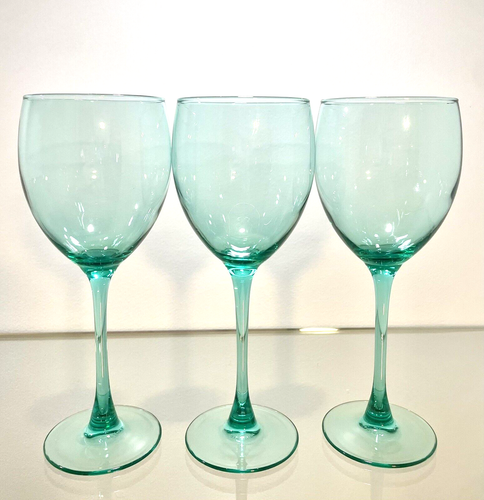 Luminarc France Teal/Aqua Wine Goblet Set Of 3 Glasses Crystal 8” Tall