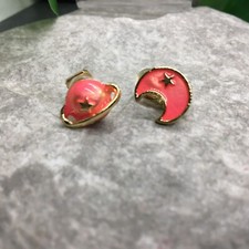 Gold-tone Earring Set Clip-On Non-Pierced Pink Sun Moon Stars New 6072