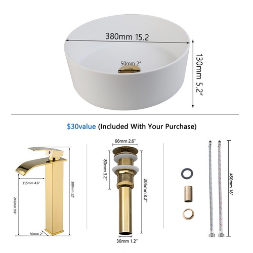 Bathroom Vessel Sink Black/White Washing Bowl Deck Mounted Brass Mixer Tap Drain - Picture 33 of 54