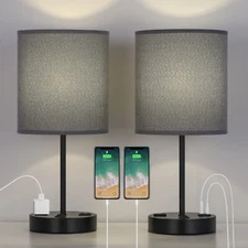 USB Table Lamp, Bedside Lamps with 2 USB Charging Ports, Grey Lampshade