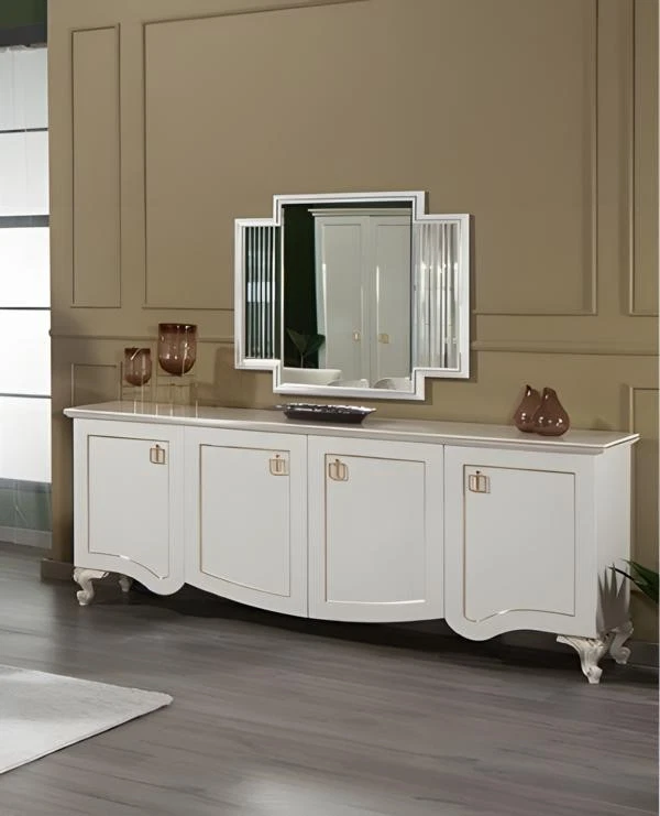 Anrichte mit Spiegel Schrank Holzcshrank Holz Sideboard Weiß Kommode - Bild 1 von 1