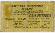 ☆ SPAIN CIVIL WAR 1937 • OLOT 1 PESETA MUNICIPAL ☆ GUERRA CIVIL ESPAÑOLA ☆C5715