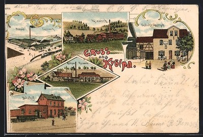 Lithograph Krölpa, station, Endlichs Gasthof, Thonwerk, Fischer and Krölpaer 