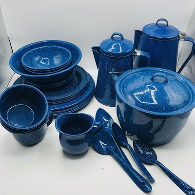 VTG Lot of Blue Enamelware Spatter Speckled Camping Graniteware Outdoor 26 Piece