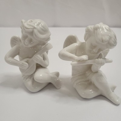 Glazed Porcelain Cherub Winged Angels Figurine w/ Mandolin and Flute - Set of 2