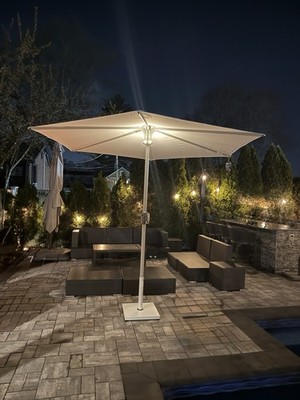 SunVilla LED Market Umbrella 10 ft White Round Canopy Crank Lift SunVilla LED Market Umbrella 10 ft White Round Canopy Crank Lift