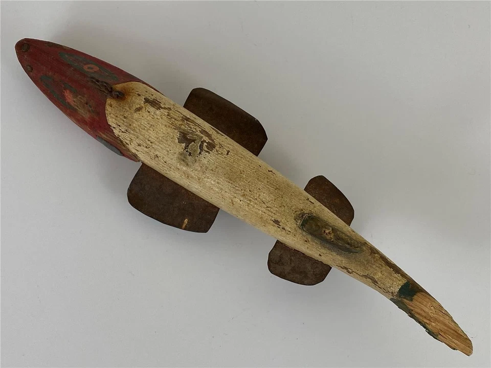 Antique Weighted Spear Ice Fishing Hand Painted Carved Wood Fish Lure Bait Decoy - Image 2 of 4