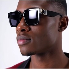 Mens Square Sunglasses Black Gold Accents Designer Fashion Shades Hip Hop Cholo