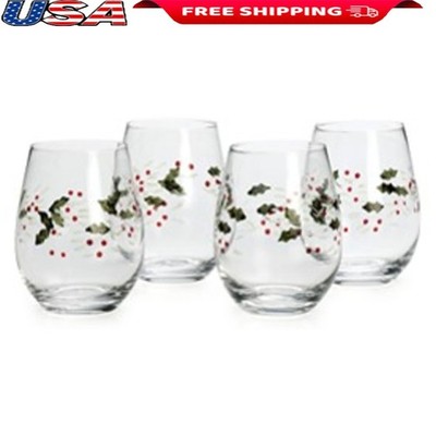 Winterberry Set of 4 Stemless Wine Glasses Hand Painted Holiday Drinkware New