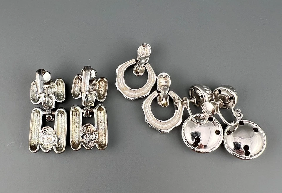 Lote de 3 Pendientes de Clip de Diseñador Vintage Tono Plata Colgantes Gota Todos Firmados Foto 2 de 4