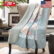 Original 100 Cotton Patchwork Quilt Twin Size Blue Floral Bedspread Coverlet