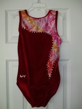GK Elite AS Red Velour Rhinestone Leotard Hawaiian Flower Gymnastics Adult Small