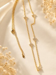 Authentic 18k Gold Plated Cable Chain Star Station Necklace Clear Crystal Rhinestone