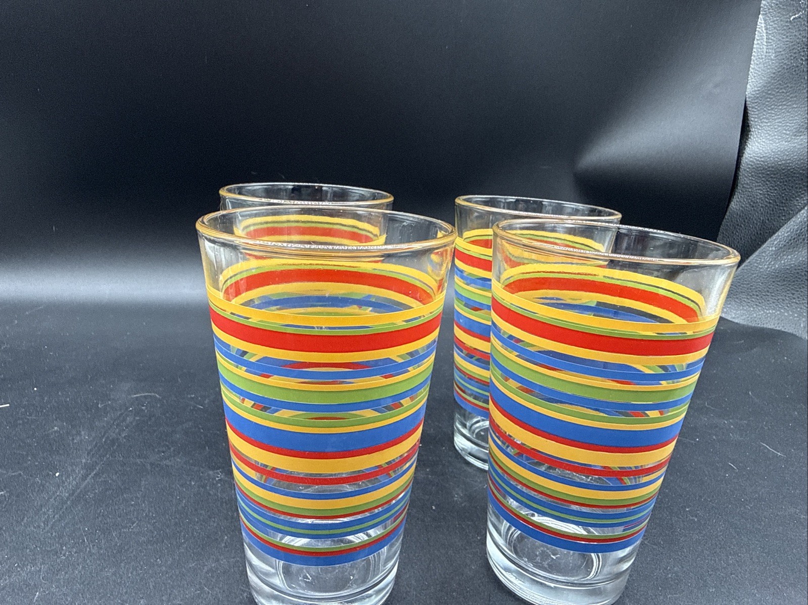Libbey Glasses 1970s Fiesta Mambo 16oz Tumblers Rainbow Stripe Set of 4 Vintage