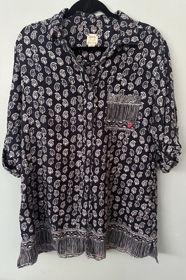 Lucky Brand Roll Tab Tunic Top Paisley Boho Blouse Pockets Button Down L