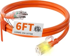 12/3 Gauge Heavy Duty Outdoor Extension Cord 6 Ft Waterproof with Lighted End