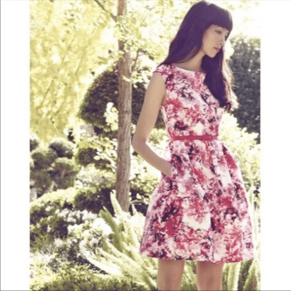 eliza j belted fit and flare dress Eliza J Fallie Fit and Flare Floral Jersey Tea Length Belted Dress Womens 14