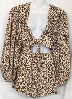 l'academie Shorts & Crop Top Brown Animal Print Balloon Sleeve Tie Front Size S