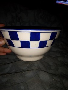 Vintage HARTSTONE Stoneware Mixing Bowl Blue Check Ribbed Made in USA